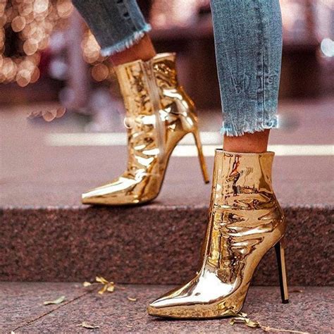 gold metallic leather ankle booties patent leather high heels ankle boots street fashion