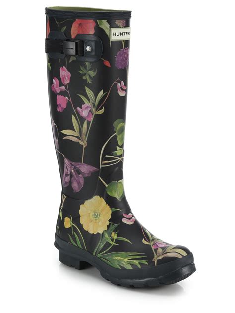 lyst hunter rhs tall floral print rain boots  black