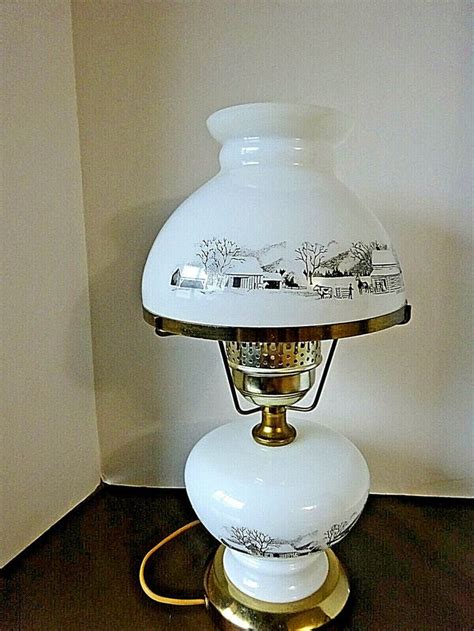 Vintage Currier And Ives Milk Glass Table Lamp Farm Scene 16 1 2 Ebay