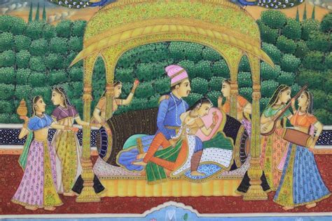 Miniature Painting Mughal Love Scene Slaveys India Vintage