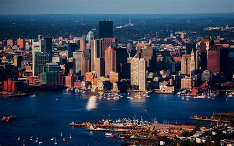 aerial morning view  boston skyline  financial district  wharf area boston ma poster