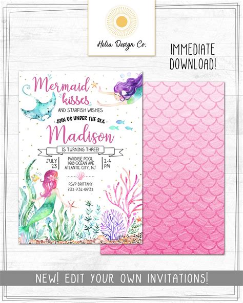 mermaid birthday invitation template instant    etsy