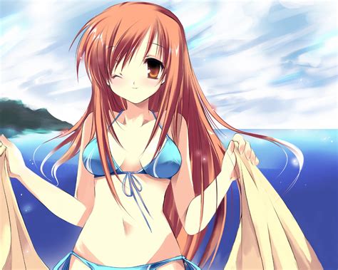 beach bikini brown eyes red hair swimsuit towel wink