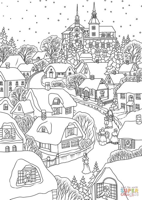 snowy village  christmas eve coloring page  printable coloring