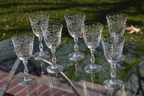 vintage etched crystal wine glasses set   fostoria navarre clear stem    large