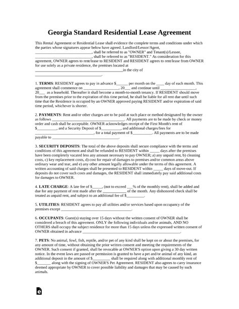 printable lease agreement ga template business psd excel word