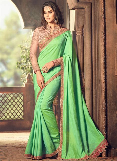 Beautiful Green Color Saree With Contrast Blouse
