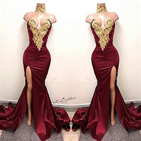 burgundy sexy women gold lace applique long evening gowns split side mermaid prom dresses
