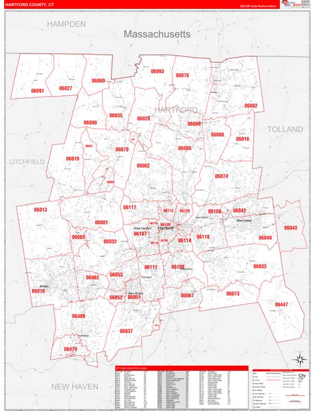 hartford county ct zip code wall map red  style  marketmaps mapsales