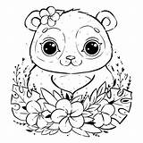Panda Coloring Cute Tropical Flower Flowers Premium Ear Leaves Portrait Eyes Near Vector Open sketch template