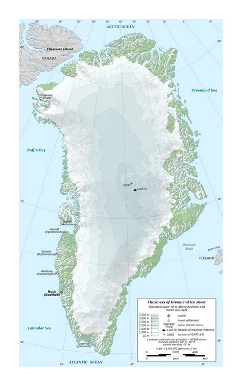 detailed physical map  greenland  cities   marks