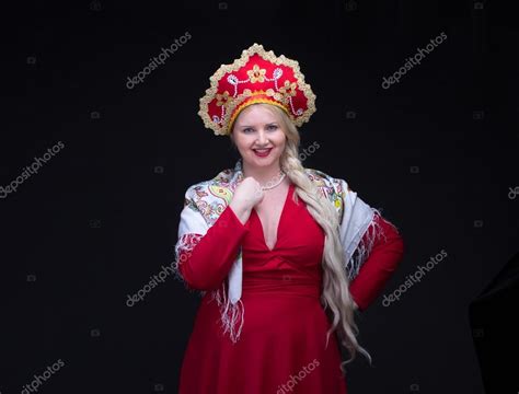 Girl Standing In Russian Traditional Costume Woman Is Wearing S