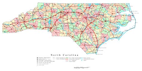 large detailed administrative map  north carolina state  roads