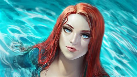 3508x1973 dc comics red hair long hair green eyes mera dc comics