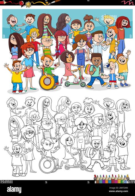 cartoon illustration  children  teenagers characters group