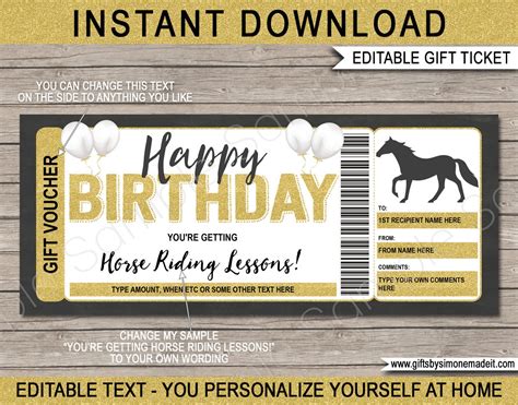 horse riding lessons gift voucher template certificate ticket printable