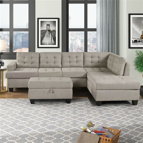 modern  piece sectional sofa  chaise lounge  storage ottoman  shape couch living room