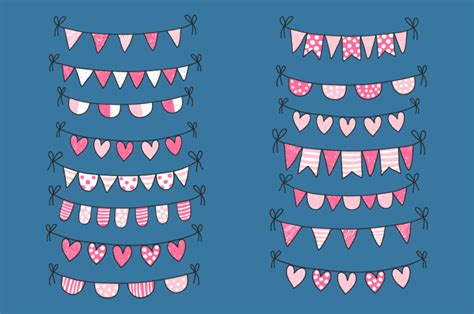 Cute Valentine Doodle Buntings Clipart Set Love Heart