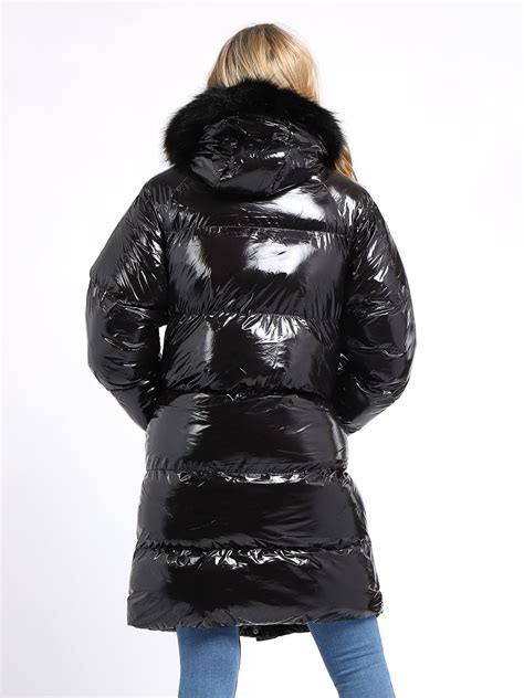 womens high shine wet look bubble faux fur parka coat size 10 8 12 14