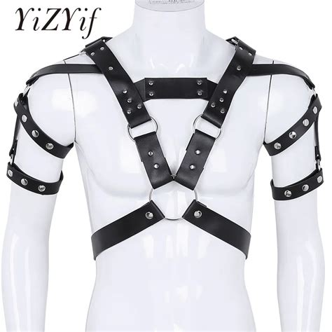 yizyif fetish zentai sexy men faux leather harness men body chest
