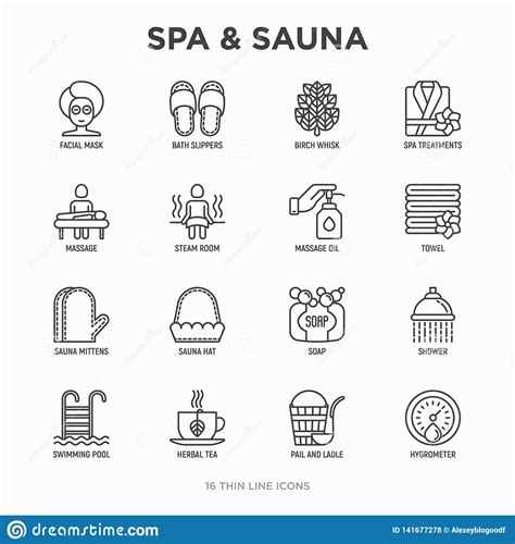 spa and sauna thin line icons set massage oil towels steam room shower soap pail and ladle