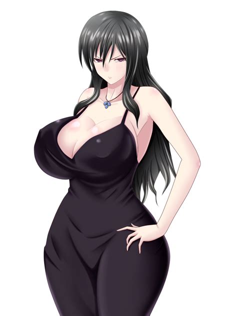 xbooru 1girl angry bare shoulders black hair breasts cleavage curvy dress erect nipples female