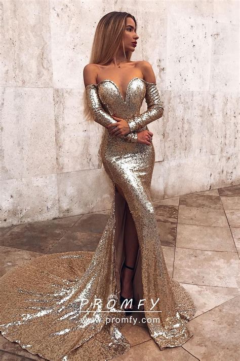 off the shoulder long sleeve gold sequin prom dress promfy
