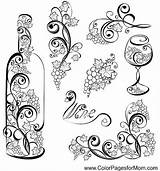 Wine Bottle Vector Coloring Tattoo Pages Elements Wineglass Glass Grapes Grape Stock Illustration Grap Grapevines Adult Drawing Adults Depositphotos Stencil sketch template