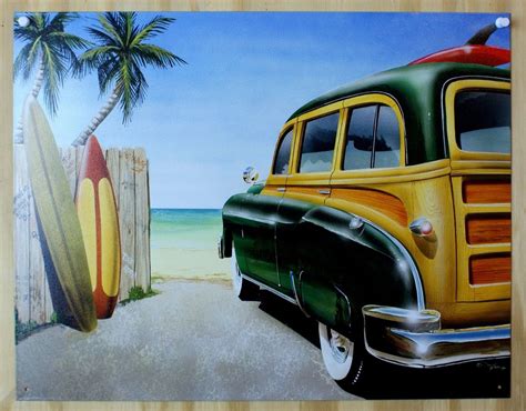 Classic Woody Wagon Tin Sign Hot Rod Surfing Beach Party