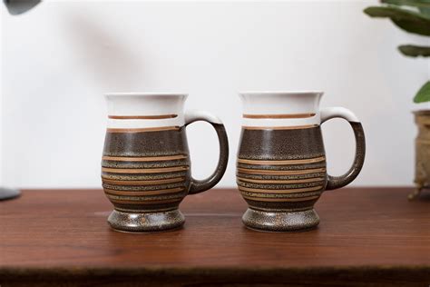 vintage studio mugs pair  striped pottery mugs brown ceramic