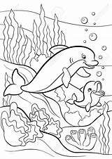 Coloring Pages Underwater Aquatic Animals Dolphin Marine Wild Cute Baby Vector Stock Mother Swims Illustration Printable Getdrawings Getcolorings Color Little sketch template