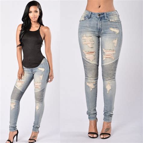 ladies stretch ripped sexy skinny jeans womens high waisted slim fit