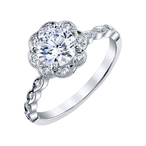 diamond milgrain scalloped halo engagement ring setting  white gold
