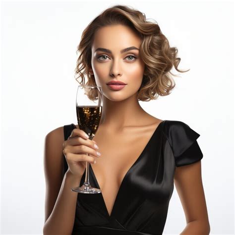 Premium Ai Image Beautiful Girl In Black Party Dress With Glass Of