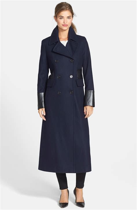 dkny long double breasted wool blend coat with faux