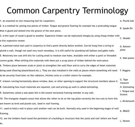 common carpentry terminology worksheet wordmint