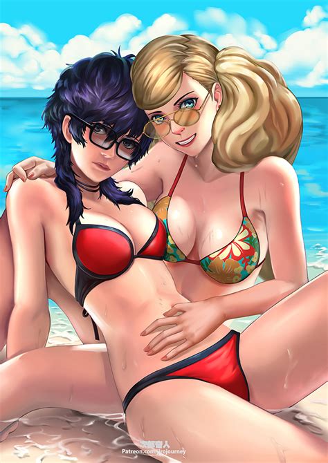 rule 34 2girls ann takamaki beach bikini black hair blonde hair blue