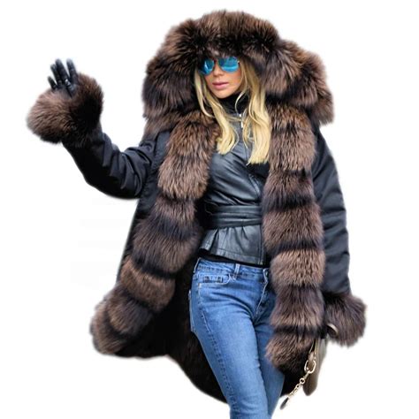 roiii thickened warm cafe brown thicken faux fur fashion warm parka women hooded long winter