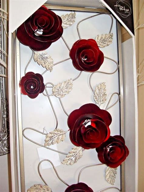 metal framed red rose silver glitter blooming floral flower wall art