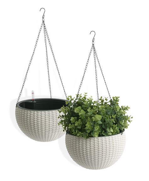 Algreen Wicker 10 Hanging Basket Planter Self Watering Rattan White
