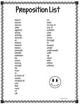 preposition poem worksheet list  tpt digital activity  distance