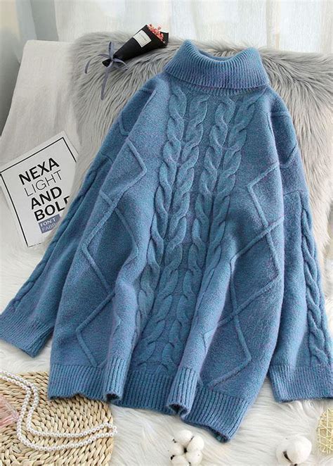 chunky blue knit tops cable casual high neck knitwear soolinen