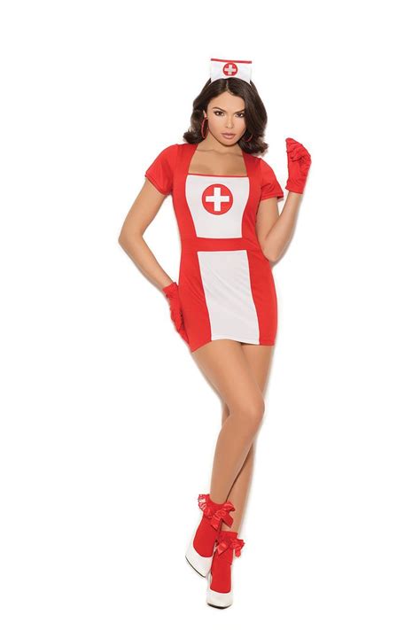 A Woman In A Red And White Nurse Costume Is Posing For The Camera With