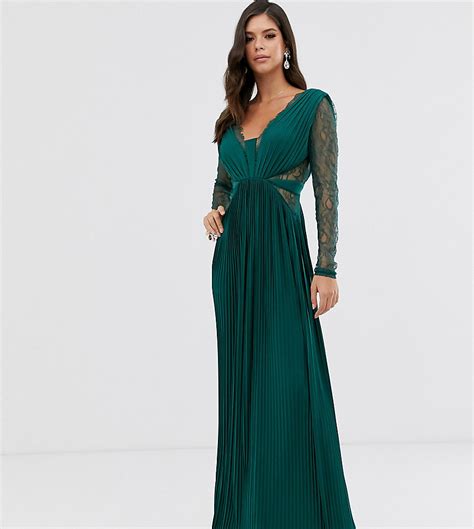 asos design tall lange jurk met lange mouwen kant en plooien groen tall fashion