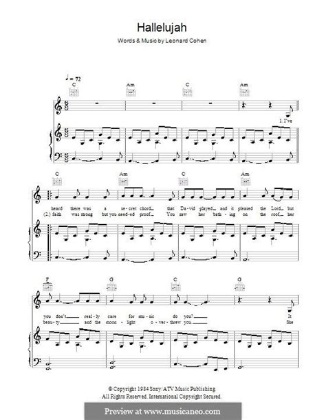 piano vocal score hallelujah by l cohen sheet music hallelujah
