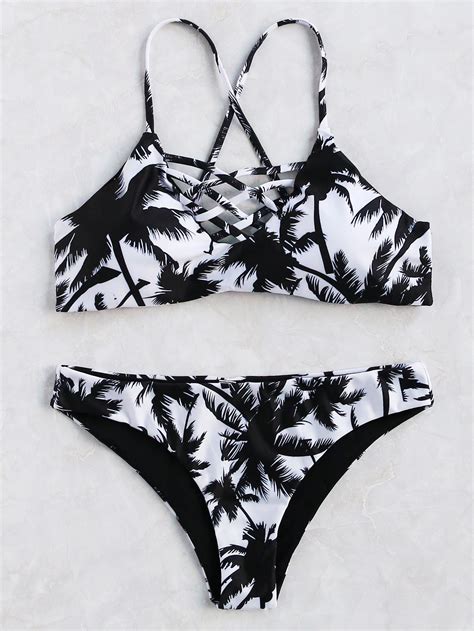 black and white printed criss cross bikini set black white bikini bikini set