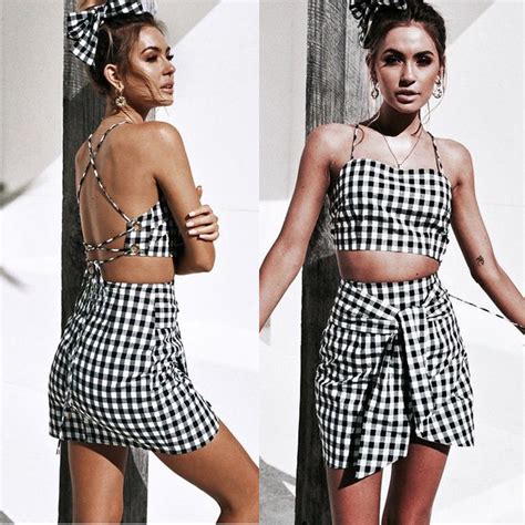2019 Fashion Plaid Crop Top Skirt Set 2pcs Checked Cotton Strapless