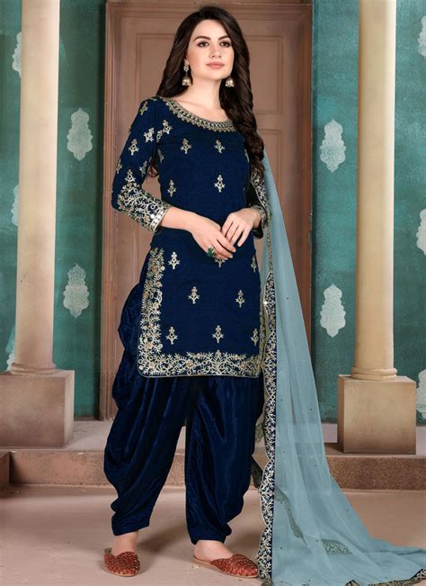 buy  designer salwar kameez resham art silk  navy blue  salwar kameez