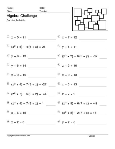 algebra challenge  variable equations worksheet