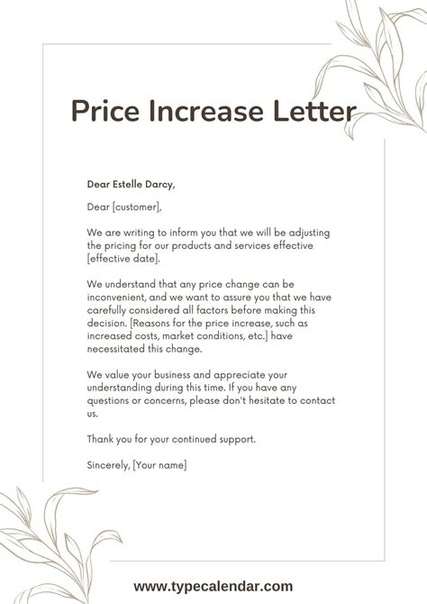 printable pricerate increase letter templates  excel customers